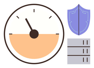 Poster - Speed gauge with needle, shield for security, and server stack. Ideal for cybersecurity, data analysis, performance tracking, protection, technology online safety digital performance. Simple flat