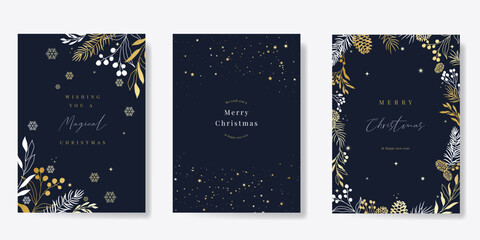 Wall Mural - Christmas and Happy Holidays invitation card design vector. Pine leaves, snowflake, pine cone on navy blue background. Design for Season's Greeting, Christmas, cover.