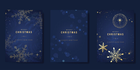 Wall Mural - Christmas and Happy Holidays invitation card design vector. Pine leaves, snowflake, hanging bauble, spot texture on navy blue background. Design for Season's Greeting, Christmas, cover.