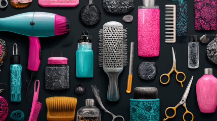 Multi-colored tools for a hair salon. Seamless pattern. A set of tools for a hair stylist. Hair dryer, hairbrush, scissors and different professional tools.