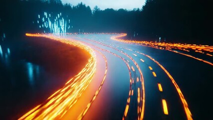 Canvas Print - glowing orange trails winding through digital landscape with falling data