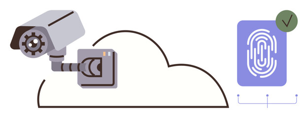 Poster - Security camera monitoring and fingerprint authentication inside cloud outline with a checkmark. Ideal for cybersecurity, data protection, surveillance, biometric authentication, technology, privacy