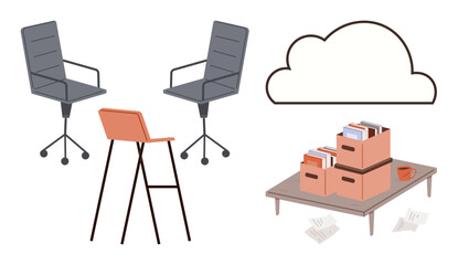 Poster - Office chairs and a stool beside a desk topped with file boxes and documents, paired with a cloud icon. Ideal for productivity, organization, workplace design, cloud storage, digital transition