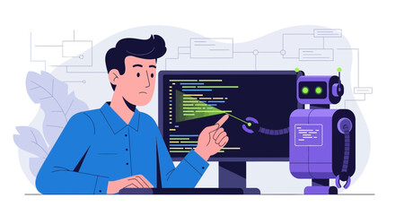 Man Coding With Robot Assistance Displaying Computer Code On Modern Screen