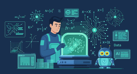 Innovating Future Technologies Man Interacting With Holographic Display And Robot