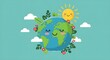 © Hastuti - Happy earth with smiling face surrounded by leaves and flowers with sun and clouds illustration