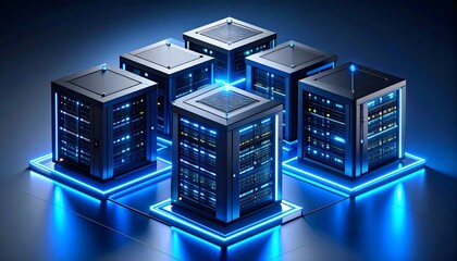 Minimalist isometric quantum data center, sleek black and chrome design