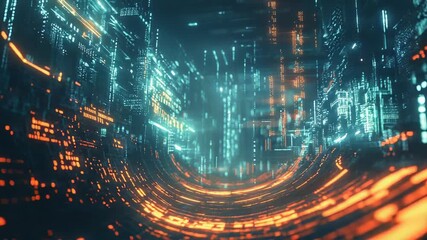 Wall Mural - digital city with orange and teal lights flowing through cyberspace