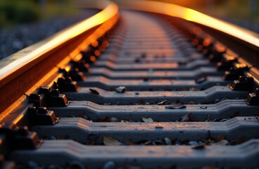 a close-up view of railway tracks extending into the distance at sunset