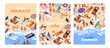 © Paper Trident - Set of posters designs with people sunbathing on beach. Cards with tourists swimming in ocean, relaxing on coast on summer vacations. Layouts with top view of sea resort. Flat vector illustrations