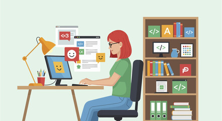 Redhaired woman coding at desk with lamp computer and bookshelf.