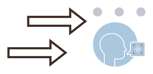 Poster - Two arrows pointing towards a profile head with speech indication symbols. Ideal for communication, information exchange, conversation, technology, speech processing, data transfer, simple flat