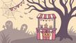 © MY - Spooky halloween scene with a festive drink stand tombstones bats and a large tree under a pale sky