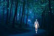 © Sohail - Ethereal man walks on enchanted forest path illuminated by magical glowing lights creating a dreamlike, mystical atmosphere for fantasy narratives or spiritual journeys.