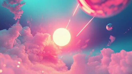 Wall Mural - pink and turquoise cloudscape with planets and shooting stars creating a dreamlike atmosphere