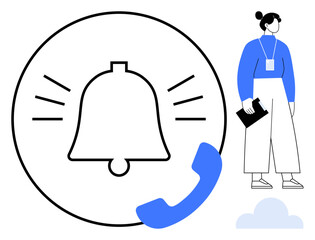 Poster - Large ringing bell with phone receiver symbolizes notifications. Nearby woman with clipboard conveys professionalism. Ideal for communication, alerts, teamwork, productivity, technology, reminders