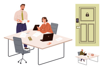Poster - Two colleagues discussing documents at a shared desk with laptops and notes. Secure access door with lockpad. Ideal for teamwork, tech, productivity, office culture, security, collaboration, simple