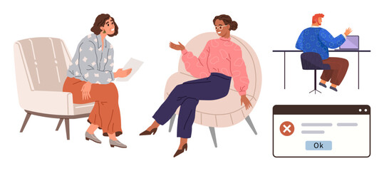 Poster - Two women engage in a conversation on armchairs, while a man works at a laptop. A pop-up error message indicates a problem. Ideal for teamwork, problem-solving, communication, brainstorming