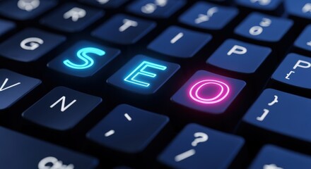 SEO Text on Keyboard Keys Displaying Optimization, Strategy, Internet Marketing, and Technology for Websites