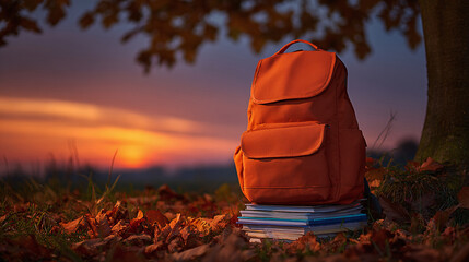 Canvas Print - autumn study break: an orange backpack rests on books under a tree as the sun sets, creating a seren