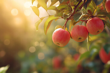 Ripe red apples growing on a tree in a sunlit orchard. Concept organic, local, season fruits and harvesting