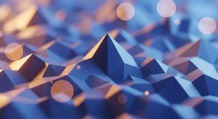 Abstract low poly landscape with blue and orange hues and bokeh effects