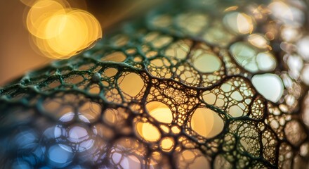 Close up macro shot of a dark green textured net like surface with blurred yellow and blue bokeh lights