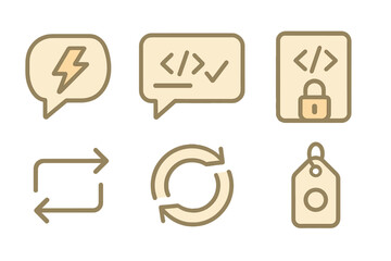 modern icons representing technology concepts like coding, security, and data exchange in a minimali