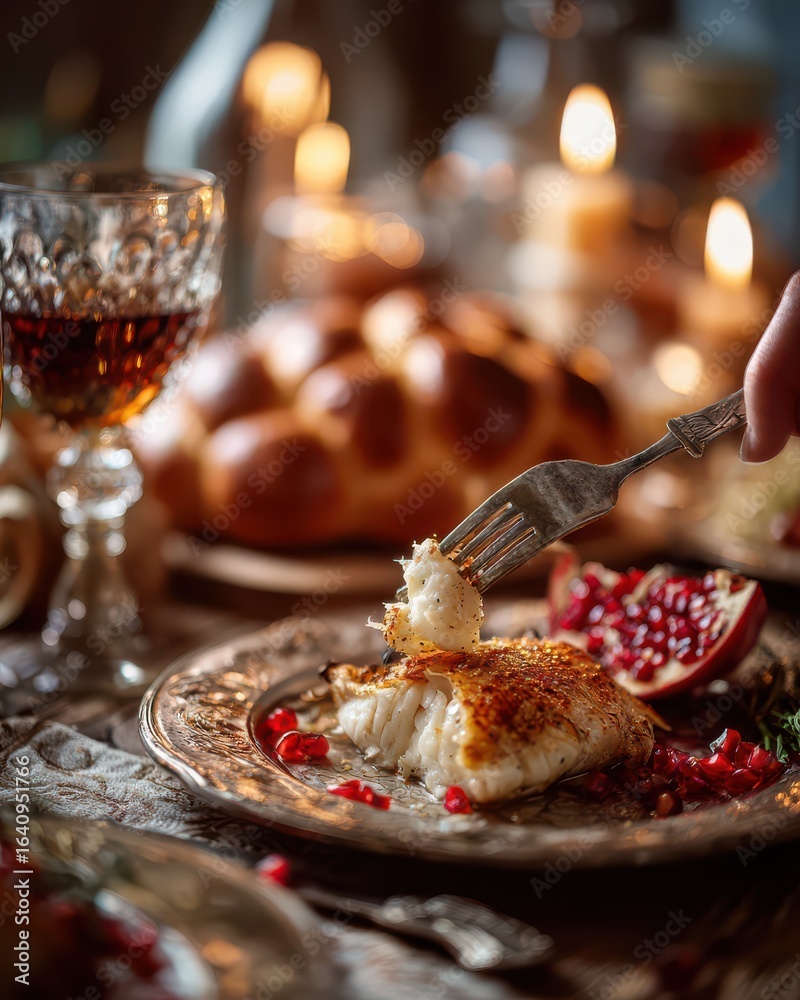 Festive holiday feast photo of a Rosh Hashanah table with baked fish ...