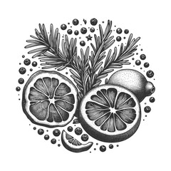 Wall Mural - citrus and herbs sketch engraving generative ai raster illustration. scratch board imitation. black 