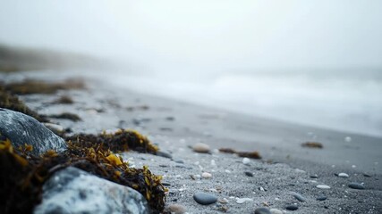 Wall Mural - a close-up shot of rocks and seaweed on a beach, suitable for use in travel or nature-themed designs