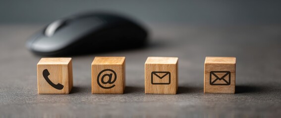 Wooden blocks with contact icons (phone, email) on a gray surface, with a computer mouse out of focus in the background