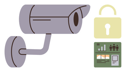 Poster - Wall-mounted CCTV camera, padlock symbol, and analytics card illustrate security, privacy, data protection, monitoring, surveillance, access control, and information management as a simple flat