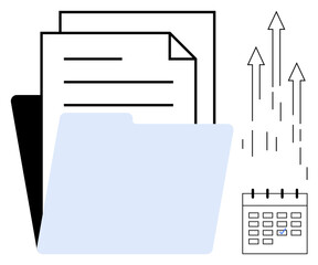 Fototapete - Open folder with documents, upward arrows for growth, and a calendar for scheduling. Ideal for planning, productivity, organization, file management, deadlines progress business processes. Clean