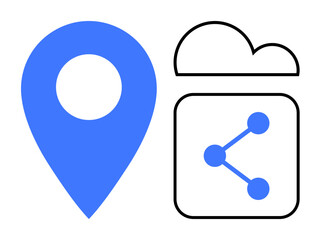 Poster - Blue geolocation pin alongside a cloud with a sharing network icon, representing connectivity, cloud storage, file sharing, location services, data management, collaboration, simple landing page