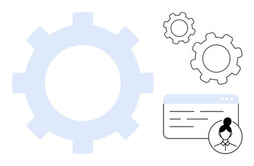 Poster - Large gear with smaller gears symbolizing teamwork, browser window with avatar suggesting user-centric solutions. Ideal for collaboration, automation, workflow, UIUX design, productivity, innovation