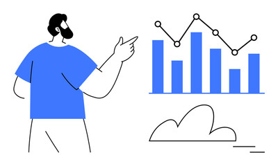 Poster - Person gesturing to bar chart and line graph with cloud shape. Ideal for analytics, growth, strategy, presentation, teamwork, data analysis, education. Clean and simple flat metaphor
