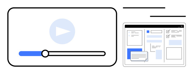 Poster - Video player interface with progress bar next to website wireframe layout. Ideal for media streaming, web development, UX design, content creation, prototyping, digital learning, and online