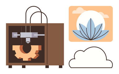 Poster - 3D printer crafting a gear, abstract lotus flower in daylight, and a simple cloud outline. Ideal for technology, innovation, creativity, minimalism, sustainability, eco-concepts manufacturing