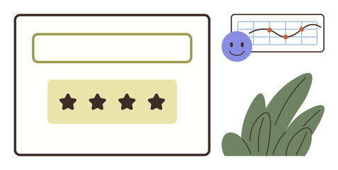 Poster - Rating form with a star system, analytics graph with red and blue lines, purple happy face, and green leaves. Ideal for feedback, analytics, customer experience, surveys, reviews user scores