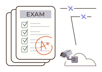 Poster - Exam papers with A grade and checkmarks, a surveillance camera watching from above. Ideal for education, success, surveillance, online learning, monitoring, assessment data security. Simple flat