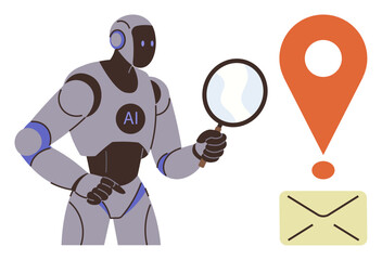 Poster - AI robot holding a magnifying glass, examining a mail envelope next to a location pin icon. Ideal for AI, technology, navigation, research, email tracking, data analysis machine learning themes. A