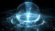 © Biru Langit Desember - Futuristic glowing blue sphere on data stream platform showcasing innovative technology conceptual abstraction design representing energy source for modern science exploration