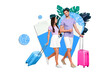 © deagreez - Creative advert promo collage of young couple wife husband carry luggage with tickets visa check in airport isolated on yellow background