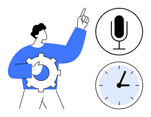 Fototapete - Man in blue shirt holding a gear, pointing upwards. Microphone and clock icons nearby. Ideal for productivity, goal setting, teamwork, leadership, organization, work-life balance simple landing page