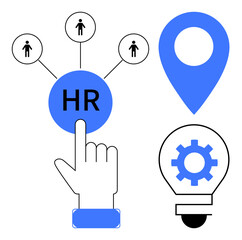 Aufkleber - HR icon connected to people profiles, hand touching HR, location pin, and lightbulb with gear inside. Ideal for recruitment, team building, workforce management, innovation, strategy growth simple