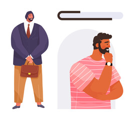 Poster - Thoughtful man in casual wear, businessman with a briefcase, progress bar symbol. Ideal for decision-making, personal growth, leadership, career planning, progress, self-reflection and strategy