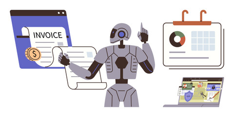 Poster - Robot analyzing invoice, referencing calendar with graphs, and monitoring security on a laptop. Ideal for automation, AI, workflow, productivity, technology, finance and cybersecurity simple flat