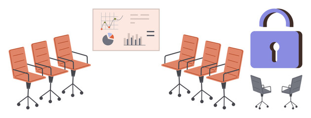 Poster - Orange office chairs surround presentation charts with graphs and data. Large lock emphasizes security, privacy, and collaboration. Ideal for teamwork, analytics, privacy, data protection, office