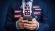 © Shehzad - Frustrated businessman facing chatbot errors and warnings on smartphone for customer service issues